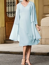 economico Con giacca-Abito da sposa a trapezio, elegante, semplice e minimalista, con scollo a V, lunghezza tè, in chiffon, a maniche lunghe con volant a cascata, 2025