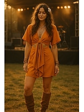 cheap Plain Dress-Women&#039;s Boho Dress Western Dress Vintage Mini Dress A Line Dress Casual Outdoor Beach Regular Fit Solid Color Half Sleeve Spaghetti Strap Orange Summer Spring