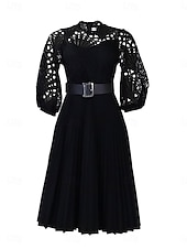 abordables Robes en dentelle blanche-Femmes Robe Midi Robe trapèze Robe Plissée Fête cocktail Robes semi-formelles Soirée Coupe régulière Couleur Unie manche longue Col montant Noir Blanche Rose Claire Été Printemps