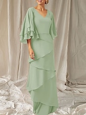 economico Lunghezza del pavimento-Abito Due Pezzi A-Line Madre della Sposa Ospite Matrimonio Elegante Inclusa Fascia V Collo Lunghezza del Pavimento Chiffon Manica Mezza Fascia Inclusa con Volant