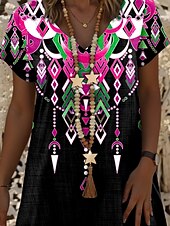 halpa Boho-mekko-Naisten Mini mekko A linjainen mekko Kesämekko Vapaa-aika Päivittäin Normaali Kuvitettu Geometrinen Tribaali Lyhythihainen V kaula-aukko Ruusun vaaleanpunainen Kesä Kevät