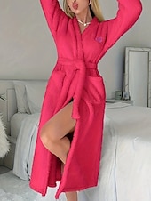 billiga Sovkläder-Dam Vardagsklädsel Morgonrock Varm Mode Ledigt Ren färg Spetsknuten Ficka Cardigan Hem Dagligen Säng Långärmad V-hals Rodnande Rosa Rosenröd Höst Vinter Skräddarsydd passform