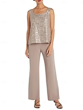 baratos Terninhos de calça da mamãe-Macacão Vestido Para Mãe dos Noivos Convidado do casamento Igreja Elegante Vintage Gola Redonda Longo Chiffon Renda Manga Longa com Lantejoulas Bordado 2025