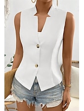 billige Enkel tank topp-Dame linskjorte Bluse Bomull lin vest عادي Fritid Ermeløs V-hals Vanlige topper Daglig Ut på byen Knapper Svart Hvit Champagne Sommer