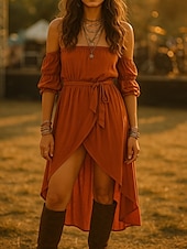 olcso Egyszerű ruha-Női Boho Ruha Nyugati Ruha Vintage Midi Ruha Kapcsolós Ruha A Vonallal Ruha Váll nélküli Ruha Vakáció Hétköznapi Boho Kültéri Kimenő Strand Normál Illeszkedés Egyszínű Fél Ujjú Vállnélküli Piros