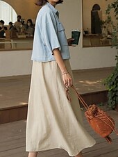 economico disegnare abiti in cotone e lino-Per donna Abito Midi Abito in cotone e lino Classico Vacanza Quotidiano Uscire Vestibilità regolare Semplice Senza Maniche Scollo a V Marrone Albicocca Estate