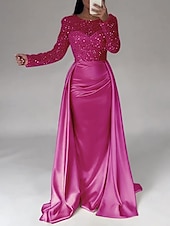 cheap CHAMPAGNE-Mermaid Sequin Evening Gown Ruched Champagne Satin Dress Long Sleeves Masquerade Floor Length Illusion Neck with Pearls Overskirt dress 2025