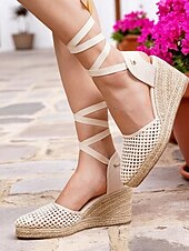 baratos Sandálias de Férias-sandálias femininas de cunha espadrille trançadas – sapatos de verão fechados com cadarço para praia, férias e roupas boho