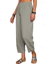 baratos Calça de linho de algodão simples-Mulheres Calças de linho de algodão Calças Roupa de rua Casual Comprimento total Natural Tecido Bolsos Cintura elástica Confortável Para Noite Final de semana Vinho Cinzento Preto Branco Verão Normal