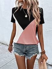 abordables T-shirt rayé et géométrique-Femmes Chemisier Géométrique Occasionnel Chaussures de plage Manche Courte Col ras du cou Hauts Réguliers Quotidien Imprimé Rose Claire Fuchsia Vert Gris Été Printemps
