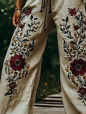 billige Grafisk linbukse i bomull-Dame Bukser Fritid Bohem Full lengde Naturlig Blomsternål i krystall Lomme Elastisk midje Printer comfy Utendørs Bekvem Dagligdagstøy Ut på byen Beige Sommer Normal