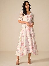 abordables Robes de vacances-Femme Robe Maxi Robe Trapèze Elégant mode Vacances du quotidien Standard Floral Manche Courte Col V Rose Claire Eté