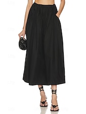 abordables Jupes unies-Femmes Jupe Évasé Mode Maxi Taille Basse Jupes Uni Avec Poches Micro-Élastique Vacances Rue Noir Blanche Champagne Beige Été Mélange Lin-Coton