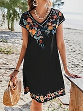 Mujer Mini vestido Vestido estilo camiseta Vestido de una línea Vestido de verano Vacaciones Casual Diario Ajuste regular Floral Graphic Manga Corta Escote en Pico Negro Verano Primavera abordables Vestido Floral-Mujer Mini vestido Vestido estilo camiseta Vestido de una línea Vestido de verano Vacaciones Casual Diario Ajuste regular Floral Graphic Manga Corta Escote en Pico Negro Verano Primavera