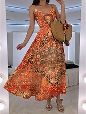 tanie Sukienki boho-Damskie Sukienka maxi Sukienka A line Sukienka na ramiączkach Urlop Codzienny Boho Wyjściowe Plaża Luźny / a Kwiaty Graficzny Bez rękawów W serek Czerwony Pomarańczowy Lato Wiosna