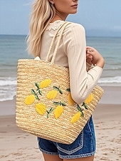 abordables Cabas et fourre-tout-Sac fourre-tout en paille brodé marguerite pour femme - sac fourre-tout de plage d&#039;été avec motif floral, cocotier, citron, style bohème décontracté, adapté aux vacances et à un usage quotidien