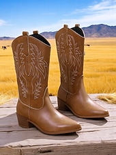 levne Cowboy &amp; Western Boots-Dámské hnědé kovbojské boty v bohémském westernovém stylu – klasické prošívání s blokovým podpatkem pro hudební festivaly, běžné nošení a outdoorové nošení