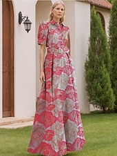 billige blomster-Jacquard Brokade Blomstrete Blå A-Linje Kveldsdrakt Elegant Kjole Formell Bryllup Gulvlengde Korte Ermer Skjortekrave Nylon med Splitt Lomme Bryllupsgjest Kjole