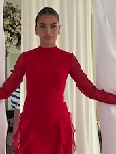 voordelige Roze-A-Lijn Roze Elegante Jurk Bruiloft Bruiloft Gast Vloerlengte Lange Mouw Hoge Hals Chiffon Met Ruffles