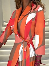 cheap Stripe&amp;Geometric Dress-Women&#039;s Mini Dress Wrap Dress A Line Dress Casual Outdoor Going out Standard Fit Graphic Color Block 3/4 Length Sleeve Turndown Black Fuchsia Orange Green Summer Spring