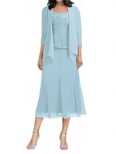 abordables Longueur du plancher-Ensembles de Robes Robe de Mère de Mariée  Élégant Simple Col carré Longueur thé Polyester Manche 3/4 avec Couleur Unie 2025