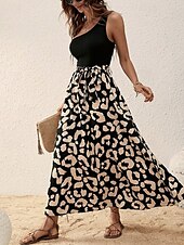 abordables Robes fleuries élégantes-Femmes Robe Midi Robe Décontractée Robe d&#039;été Élégant Mode Moderne Quotidien Plage Week-end Coupe régulière Léopard Sans manches Une Épaule Noir bleu marine Été
