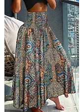 baratos Saias gráficas-Mulheres Saia Bohemia Casual Boho Longo Cintura Média Saias Floral Imprimir Micro-Elástica Férias Rua Azul marinho Amêndoa Vermelho Azul Verão Poliéster