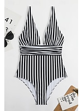 abordables Maillots de bain une pièce-Femmes Maillots de Bain Une Pièce Maillot de bain Dos nu Tropical Tenues de plage Rayé Fil en V Sans manches Maillots de bain