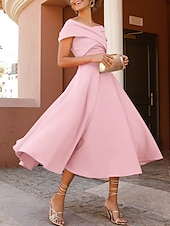 abordables Robes de cocktail-Robes de cocktail en A mariage à la plage robe élégante longueur thé sans manches épaule dénudée invité d&#039;automne tissu extensible avec fente froncée robes Derby 2025