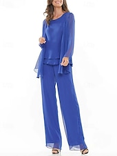 baratos Terninhos de calça da mamãe-Terno azul roxo com calça, vestido de mãe da noiva, 3 peças, elegante, gola redonda, comprimento até o chão, chiffon, manga comprida, incluso com bordado em renda 2025