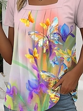 billige Blomster t-skjorte-Dame T skjorte Blomstret Grafisk Stilfull Fritid Kortermet Firkantet hals Vanlige topper Daglig Helg Trykt mønster Rosa Sommer Vår