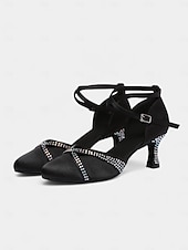 abordables Chaussures de danses latines-Chaussures de danse en satin champagne pour femmes avec talons en strass – élégantes chaussures de salon fermées pour mariage et valse