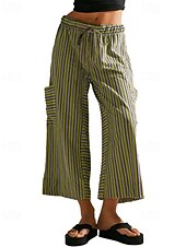 abordables jambe large et taille haute-Femmes Slacks Pantalons Streetwear Occasionnel Longueur complète Naturel Rayé Avec Poches Conception à cordon élastique Confortable Extérieur Rue Sortir Rouge orangé Bleu ciel clair Marine fonc