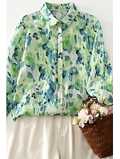economico Camicie-Per donna Camicia Abbottonare Camicia in cotone e lino Blusa Fiore Elegante Moderno Manica Lunga Scollo a V Top Regolari Ferie Uscire Bottoni Stampato Verde Estate