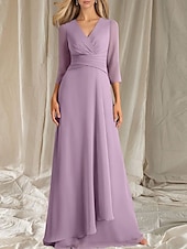 cheap Floor Length-A-Line Mother of the Bride Dress Wedding Guest Elegant V Neck Floor Length Chiffon 3/4 Length Sleeve with Tier Ruching 2025