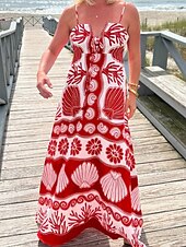 tanie Sukienki boho-Damskie Sukienka maxi Sukienka A line Sukienka na ramiączkach Codzienny Na zewnątrz Wyjściowe Plaża Regularny Kwiaty Graficzny Bez rękawów Cienkie ramiączka Czerwony Lato Wiosna