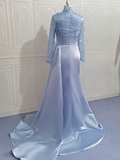 preiswerte BLAU-Meerjungfrau Abendkleid Pailletten Elegantes Kleid Formal Sweep  Brush Zug Lange Ärmel Hoher Hals Satin mit Perlen Maskeradenkleid 2025
