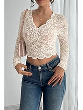 preiswerte Spitzenoberteile-Damen Bluse Spitzentops Einfach Modern Langarm V Ausschnitt Crop Tops Täglich Ferien Ausgehen Spitze Beige Sommer