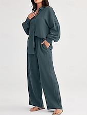 billiga Uppsättningar-Dam Mode Streetwear Skjorta Tvådelade set Byxuppsättningar Långärmad Tröjkrage Ensfärgat Snörning Dagliga kläder Datum Svart Vin Armégrön Vår Normal