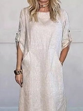 economico Camicie-Maxi abito da donna abito a linea abito estivo in lino casual quotidiano vestibilità regolare grafico semplice maniche 3/4 collo rotondo nero bianco rosso blu estate