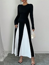 tanie Prosta sukienka-Damskie Długa sukienka sukienka maxi Sukienka na ukończenie szkoły Codzienne sukienki Moda Nowoczesny Na zewnątrz Urlop Codzienny Regularny Kolorowy blok Długi rękaw Półgolf Czarny Lato Wiosna
