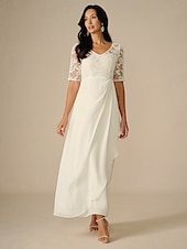abordables Robe de cocktail-Femmes Robe maxi Robe Blanche Robe en Chiffon Élégant Mariage Fiançailles Coupe régulière Uni Manche Courte Col en V Blanche Été Printemps Automne Hiver