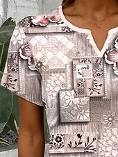 billige Boho t-skjorte-Dame T skjorte Blomstret Grafisk Geometri Stilfull Fritid Kortermet Hals med hakk Vanlige topper Daglig Helg Trykt mønster Dusty Rose Sommer Vår