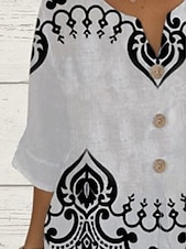 abordables T-shirt Boho-Femmes Chemise Hauts d&#039;été Graphique Géométrique Classique Occasionnel Manche 3/4 Col en V Hauts Réguliers Quotidien Week-end Imprimé Blanc / Noir Été Printemps Automne