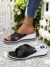 billige Uformelle sandaler-kvinners vevde sandaler med kile – uformelle sandaler med kryssreim med åpen tå for sommer og ferie