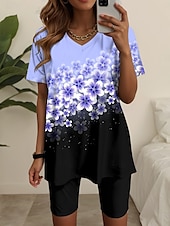 tanie Damskie krótkie komplety-Zestaw damski 2-częściowy modny t-shirt krótkie spodenki krótki rękaw dekolt w serek kolorowy graficzny nadruk casualowy codzienny różowy niebieski zielony lato regularny krój