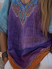 billige Boho topper-Dame Vestlig bluse Boho skjorte Bluse Blomsternål i krystall Moderne Bohem Kortermet V-hals Vanlige topper Daglig Ut på byen Trykt mønster Lilla Sommer
