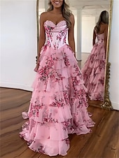 abordables Robes de bal de promo-Robe de quinceanera en A robe de corset robe de mariage robe d&#039;invitée longueur de sol sans manches sans bretelles tulle sans dos avec imprimé floral