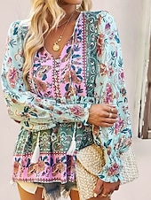 billige Boho topper-Dame Boho skjorte Bluse Blomsternål i krystall Fritid Bohem Langermet V-hals Vanlige topper Ferie Ut på byen Trykt mønster Grønn Sommer