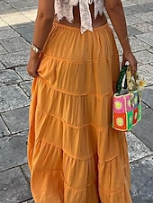 abordables Jupes unies-Jupe Femme Jupe Maxi A-Line Couleur Unie Mode Décontractée Maxi Taille Haute Jupes Unies Poche Impression Micro-Élastique Rue Quotidienne Noir Blanc Orange Vert Été Mélange Polyester Coton